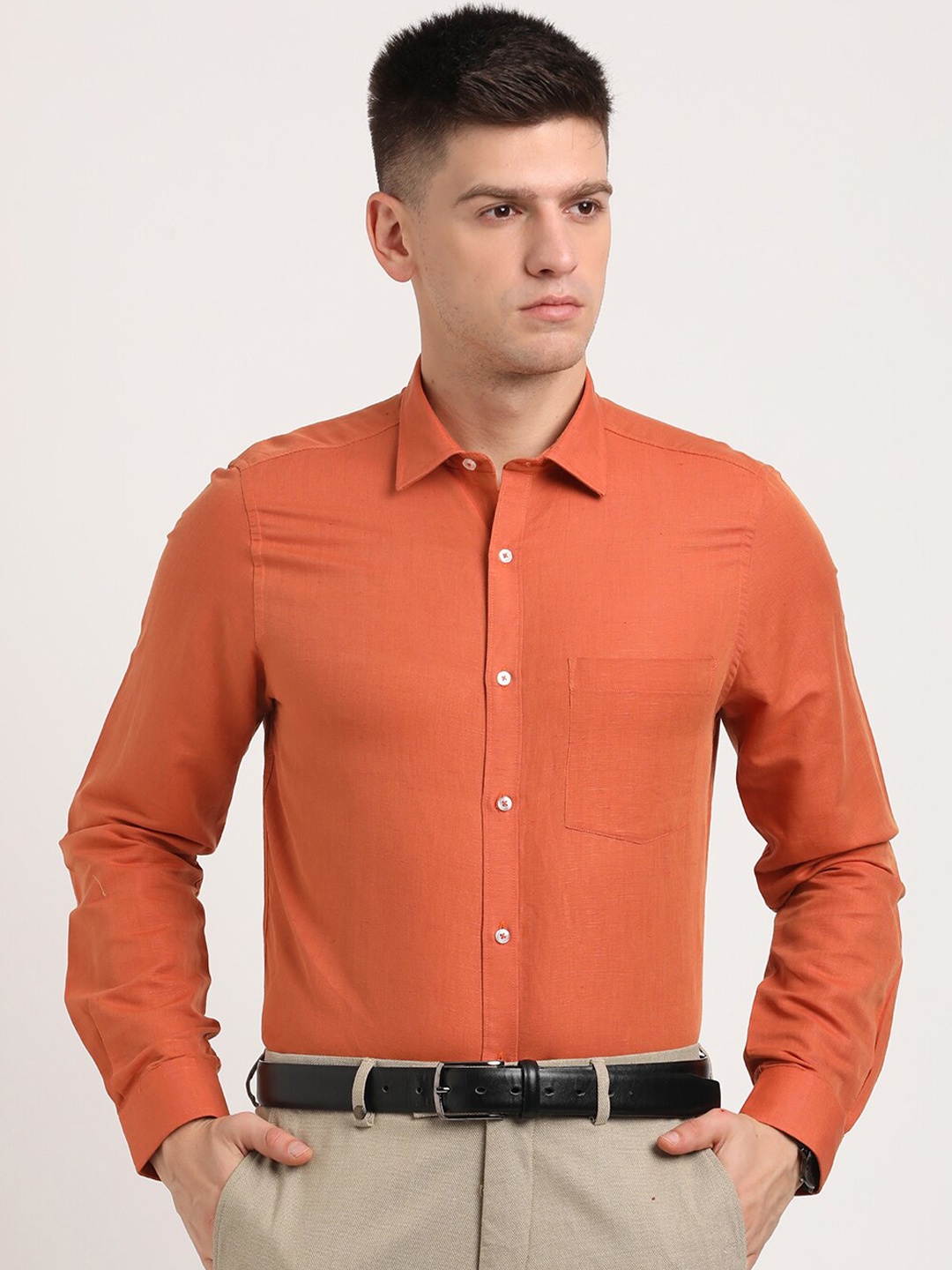 

Turtle Classic Slim Fit Spread Collar Cotton Linen Formal Shirt, Rust