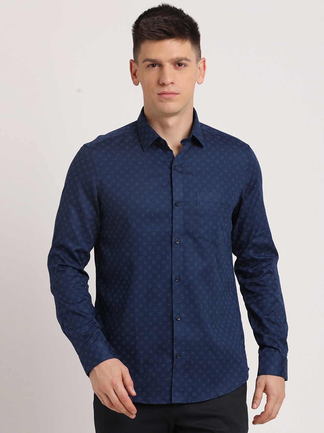 

Turtle Classic Slim Fit Micro Ditsy Printed Pure Cotton Formal Shirt, Blue