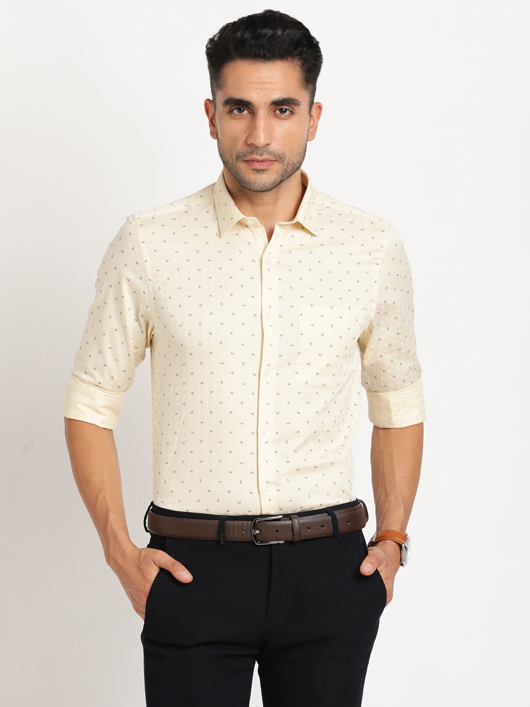 

Turtle Classic Slim Fit Micro Ditsy Printed Pure Cotton Formal Shirt, Cream