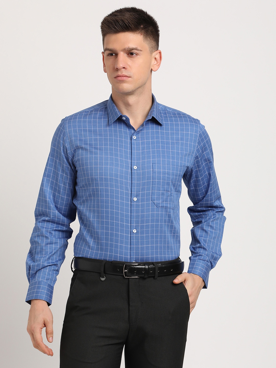 

Turtle Classic Slim Fit Grid Tattersall Checks Pure Cotton Formal Shirt, Blue