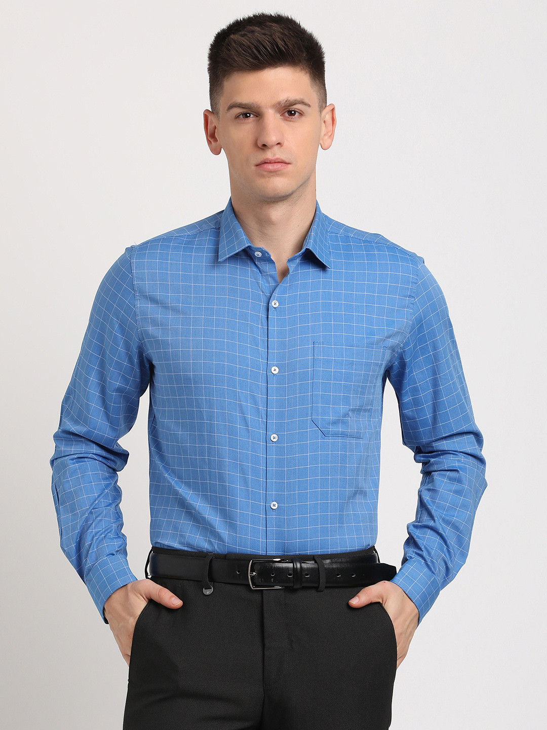 

Turtle Classic Slim Fit Grid Tattersall Checked Pure Cotton Formal Shirt, Blue