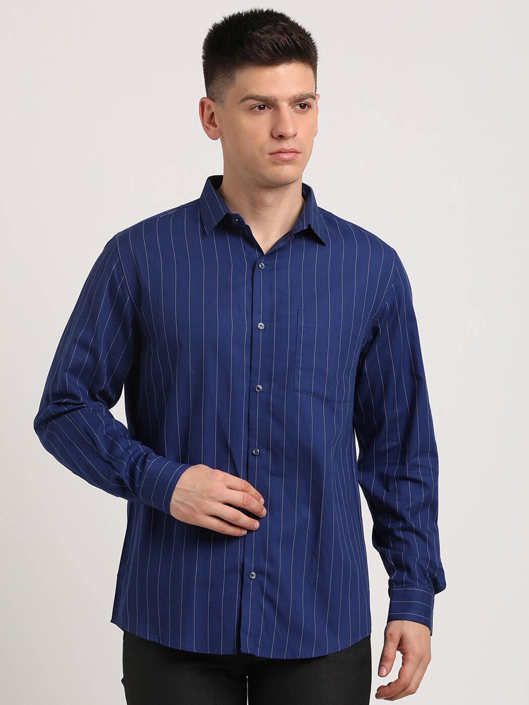 

Turtle Classic Slim Fit Grid Striped Pure Cotton Formal Shirt, Blue