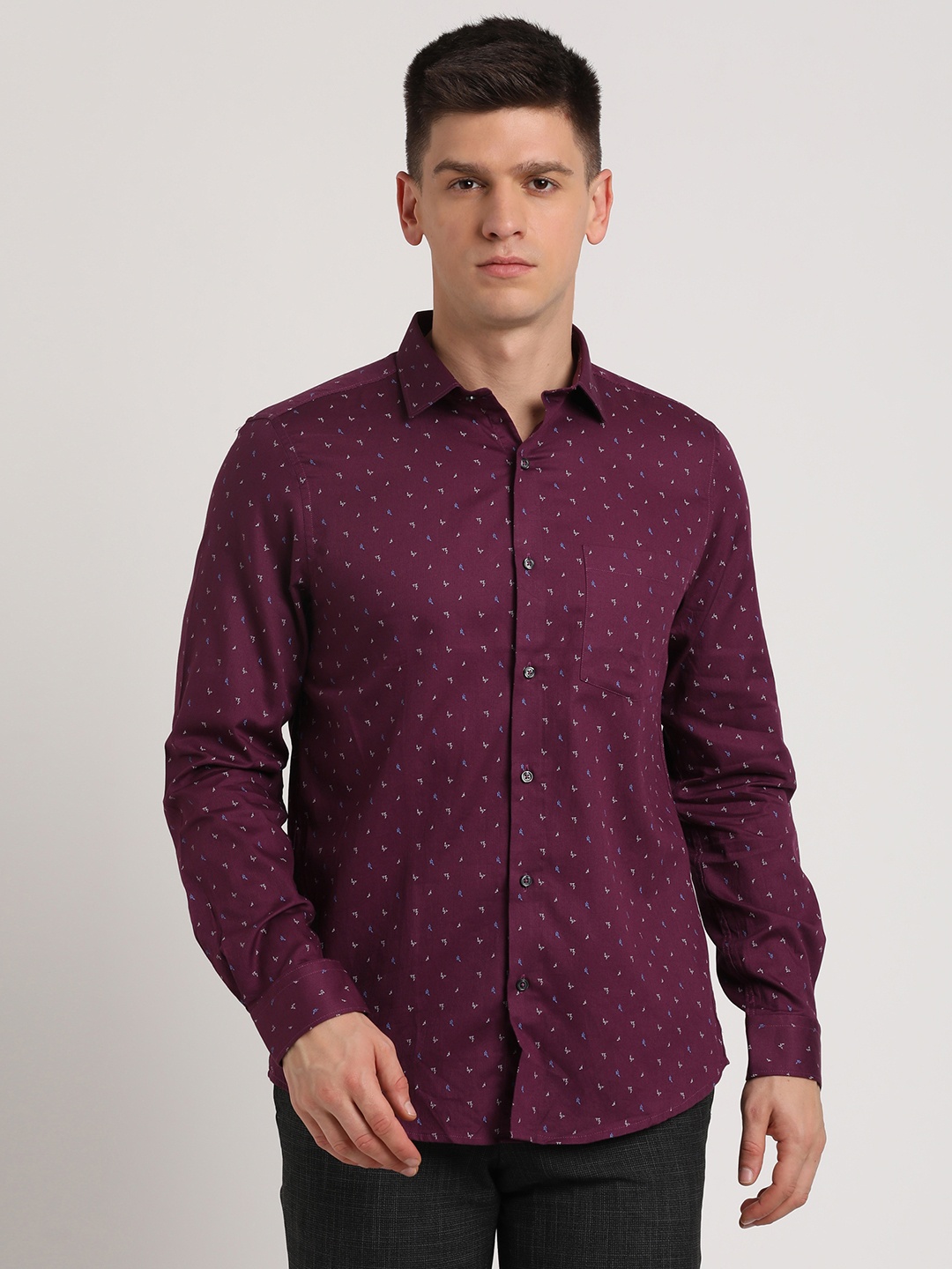 

Turtle Classic Slim Fit Micro Ditsy Printed Pure Cotton Formal Shirt, Purple