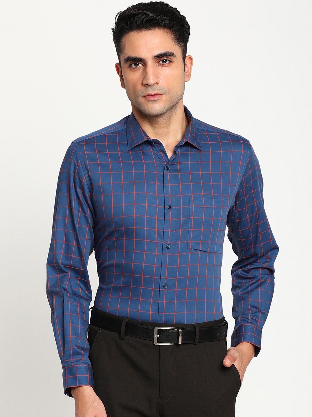 

Turtle Classic Slim Fit Windowpane Checks Pure Cotton Formal Shirt, Blue