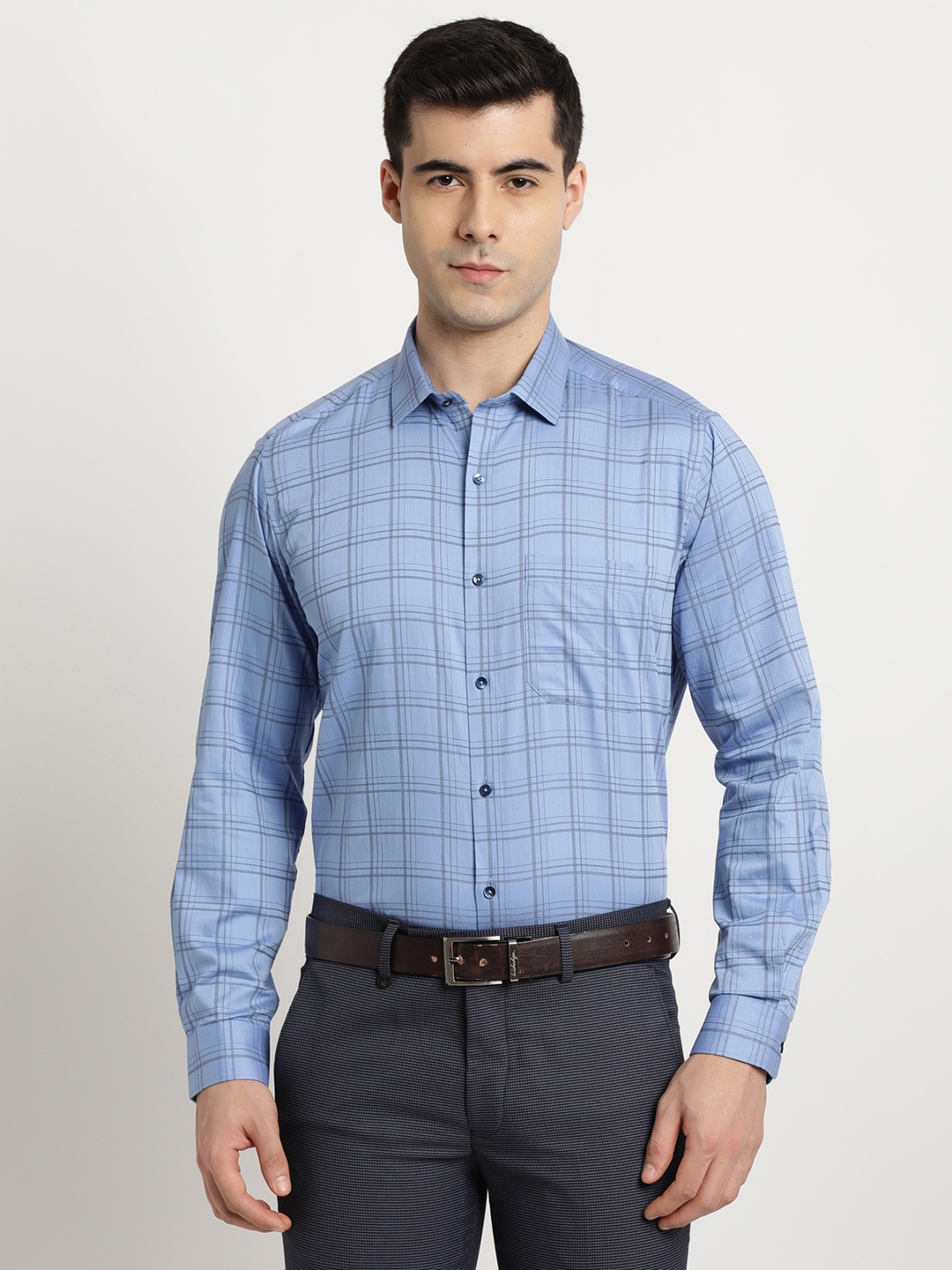 

Turtle Classic Slim Fit Pure Cotton Checked Formal Shirt, Blue