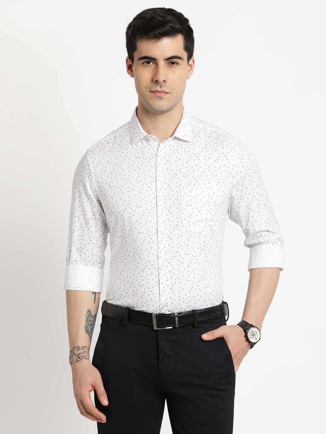 

Turtle Classic Slim Fit Micro Ditsy Printed Pure Cotton Formal Shirt, White