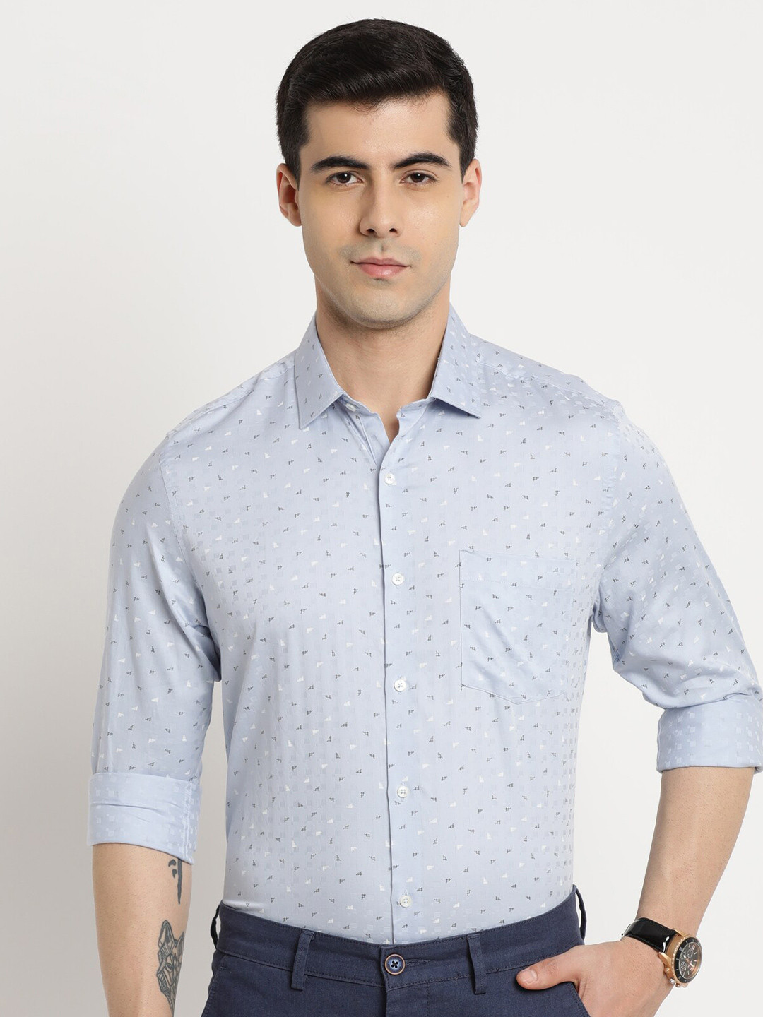 

Turtle Classic Slim Fit Micro Ditsy Printed Pure Cotton Formal Shirt, Grey