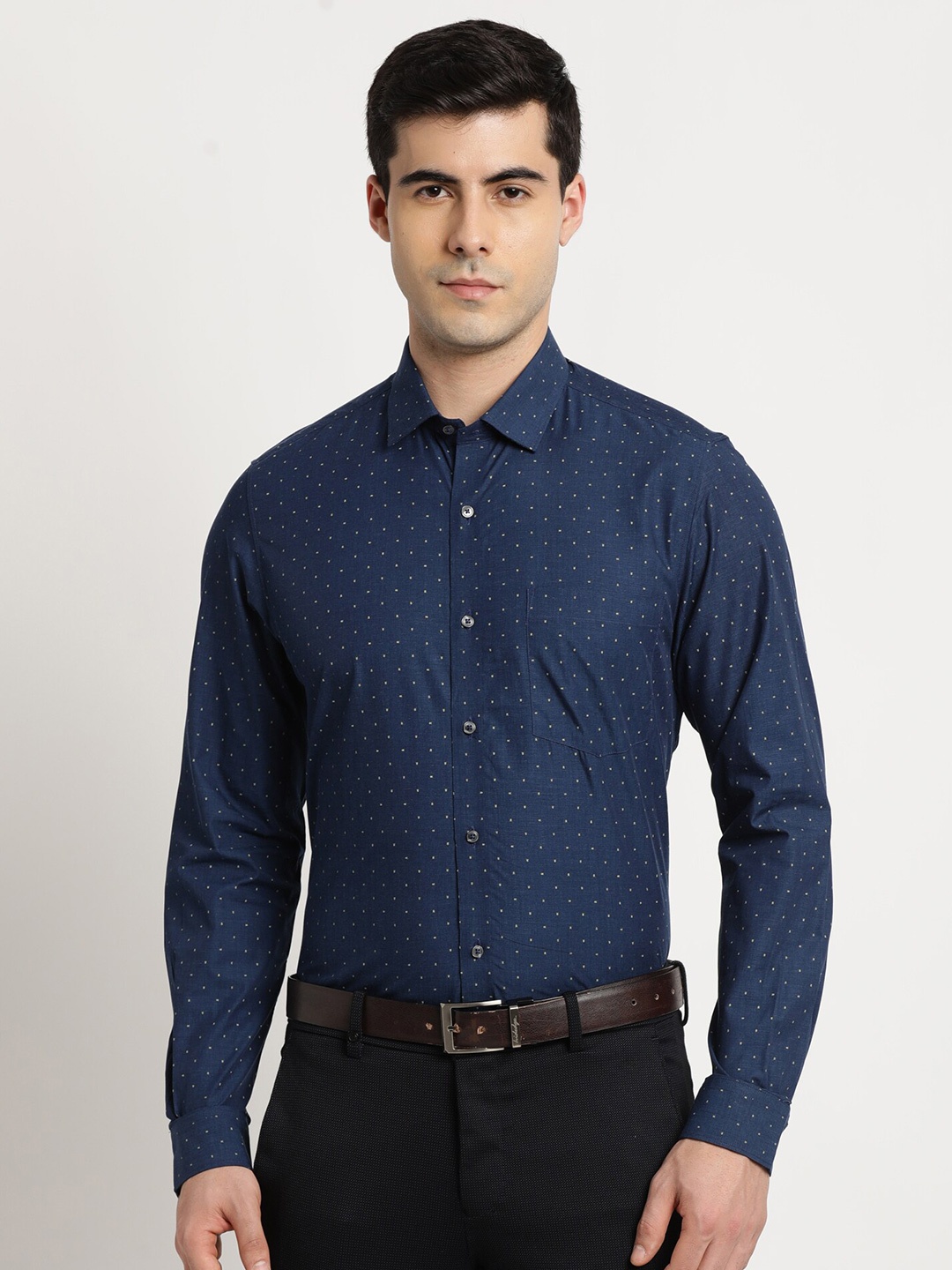 

Turtle Classic Slim Fit Micro Ditsy Printed Pure Cotton Formal Shirt, Blue