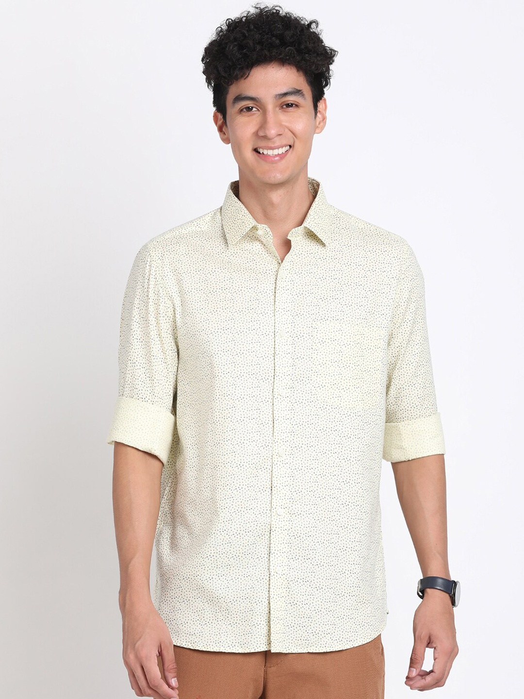 

Turtle Classic Slim Fit Micro Ditsy Printed Cotton Shirt, Cream