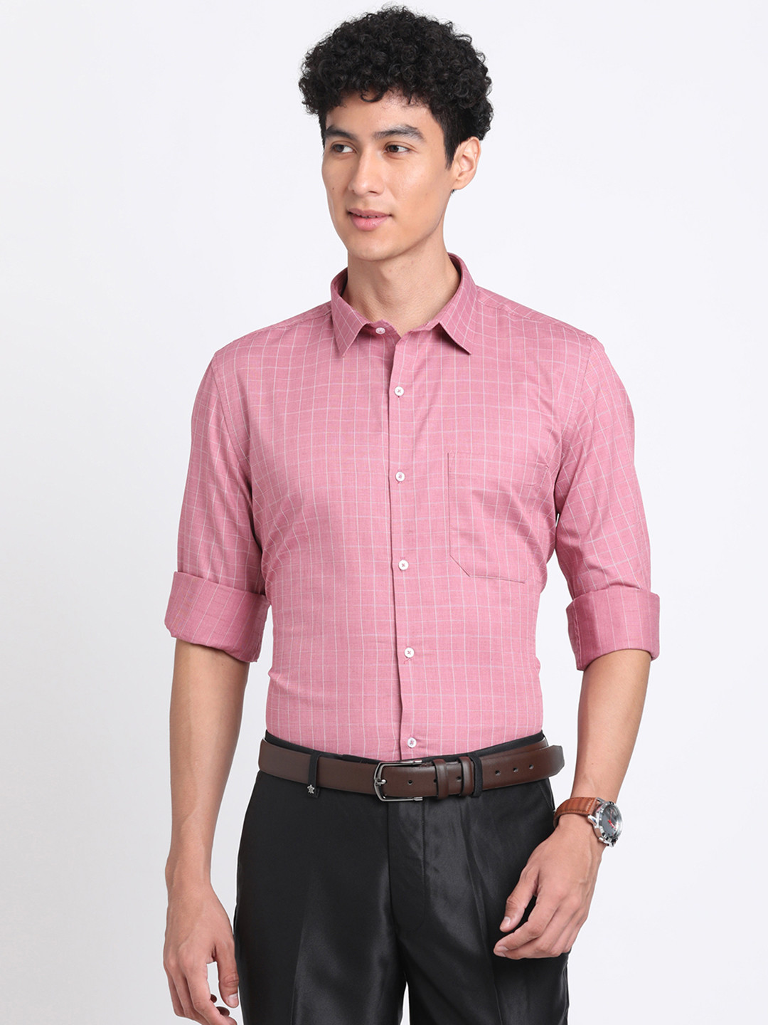 

Turtle Classic Slim Fit Grid Tattersall Checked Pure Cotton Formal Shirt, Pink