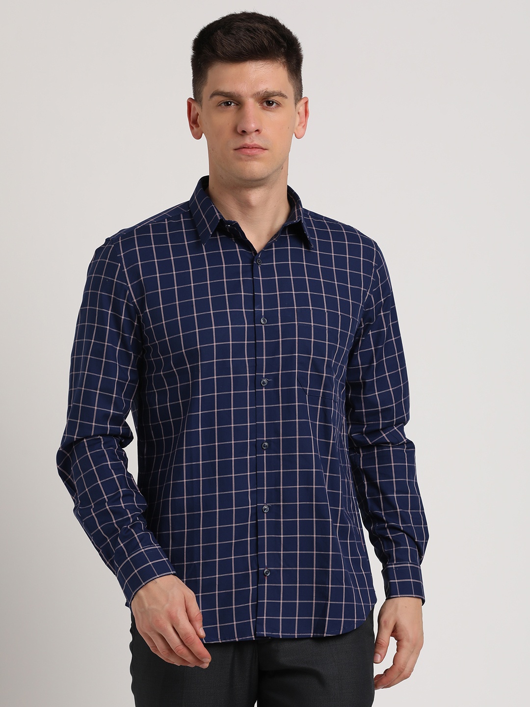 

Turtle Classic Slim Fit Grid Tattersall Checks Pure Cotton Formal Shirt, Blue