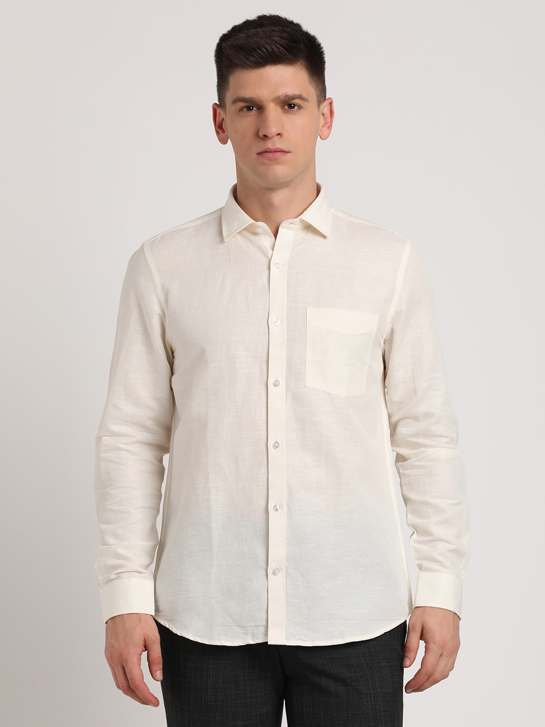 

Turtle Classic Slim Fit Cotton Linen Formal Shirt, Off white