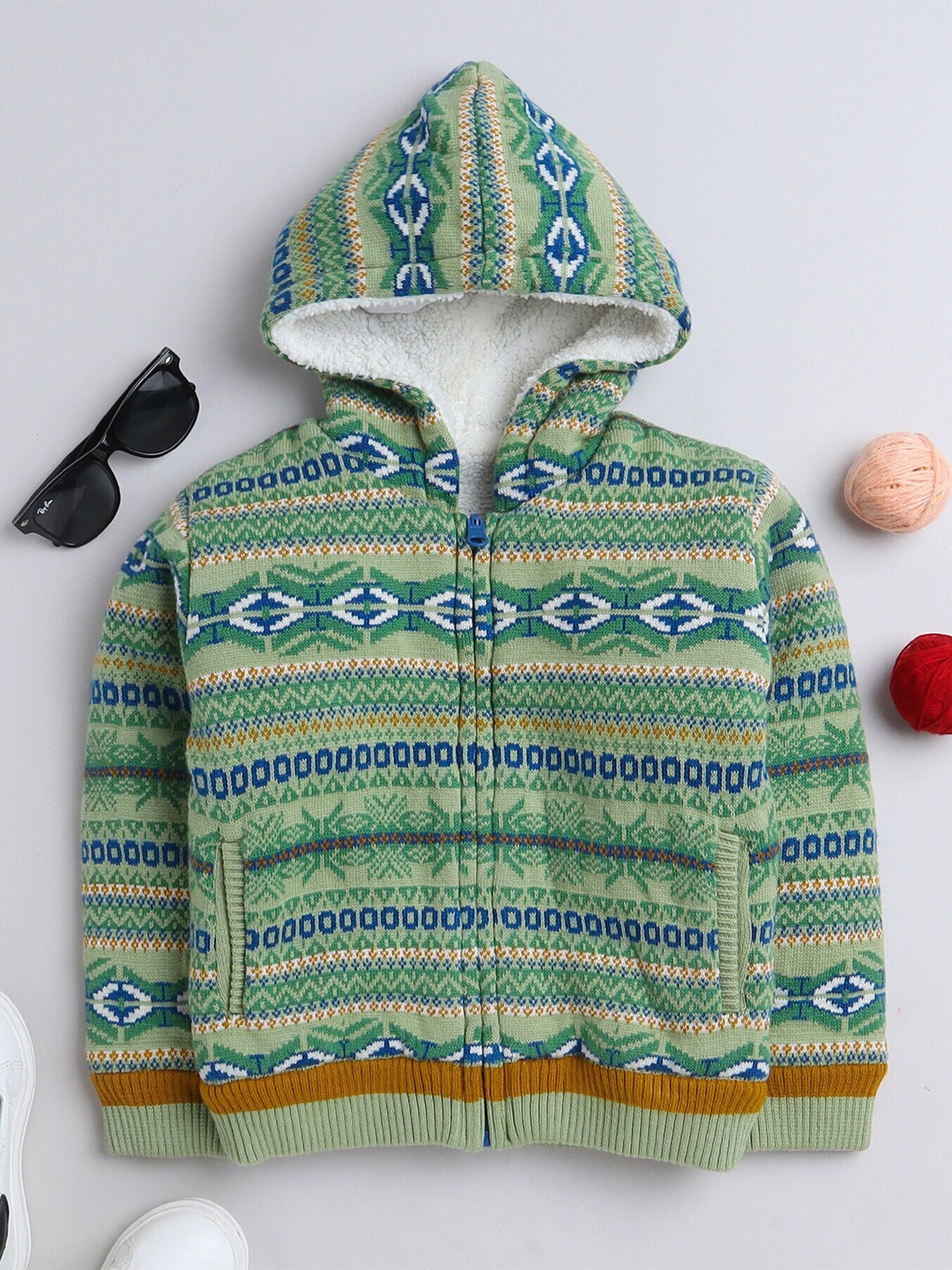 

Yellow Apple Boys Geometric Self Design Hooded Woollen Pullover Sweater, Green