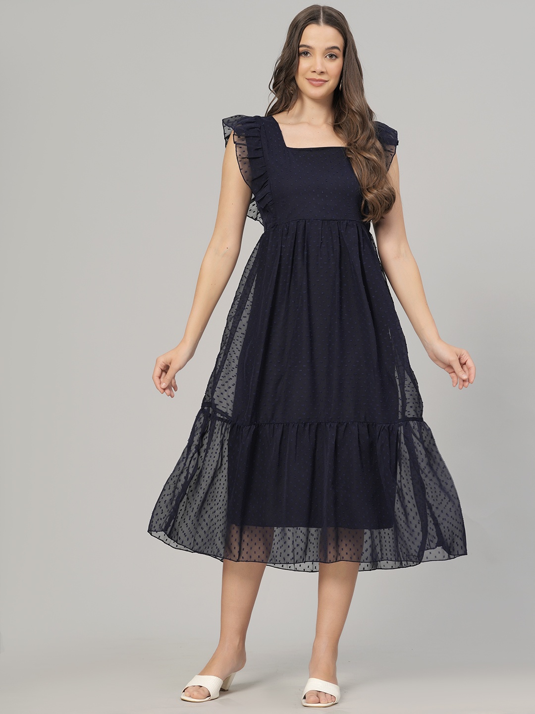 

JC4U Self Design Square Neck Flutter Sleeve Georgette A-Line Midi Dress, Navy blue