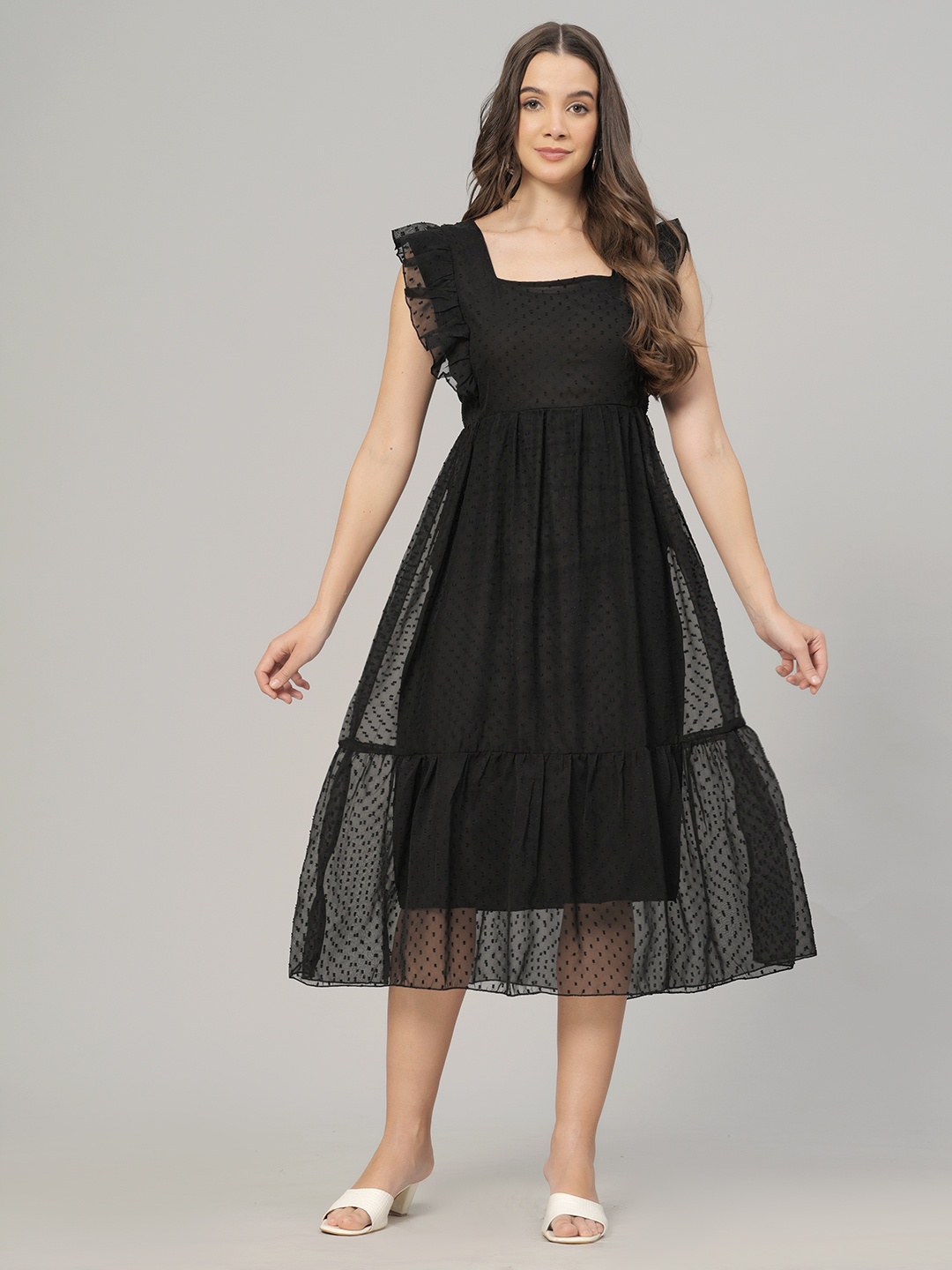 

JC4U Self Design Square Neck Flutter Sleeves Dobby Weave A-Line Midi Dress, Black