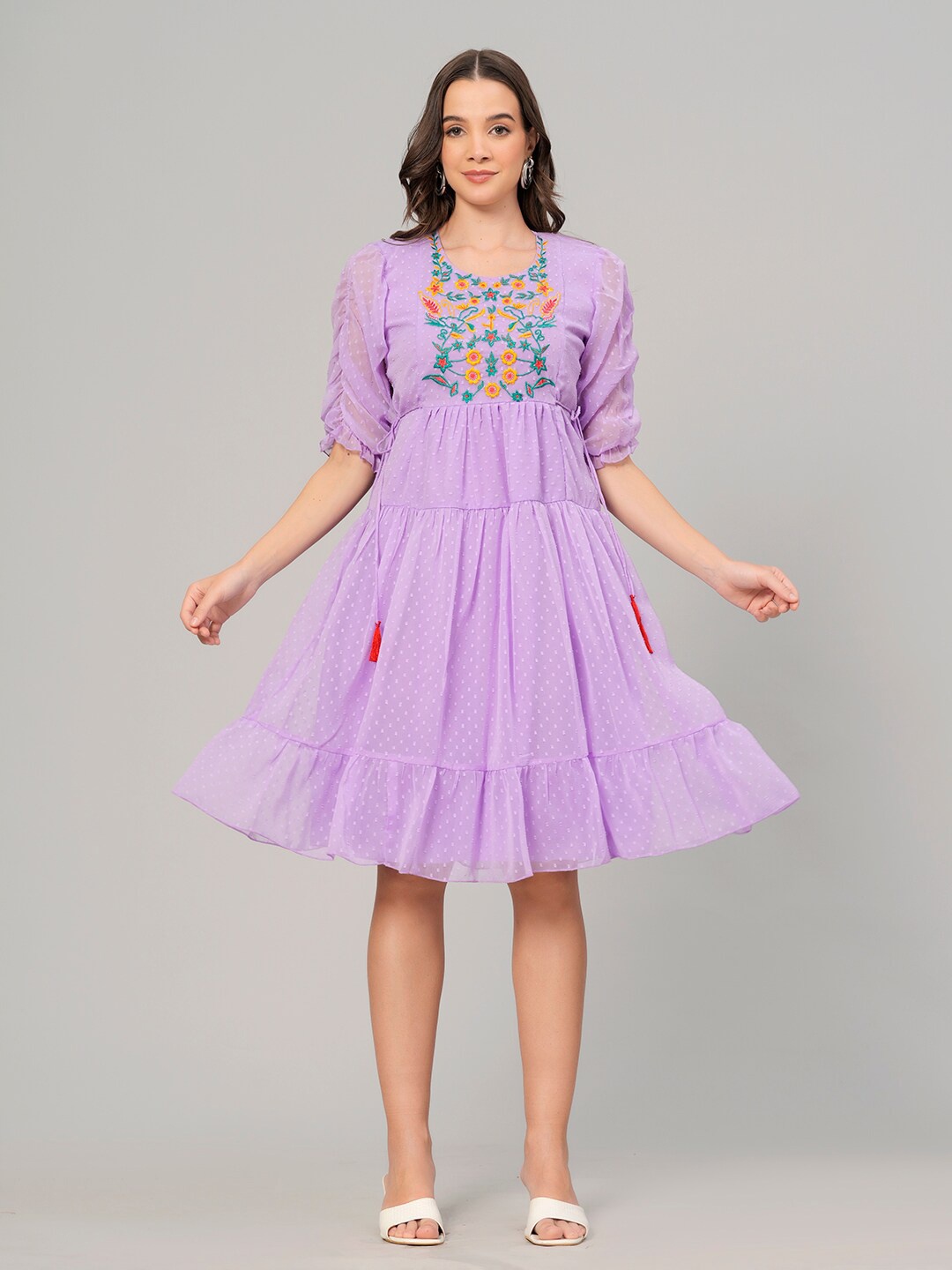 

JC4U Self Designed Embroidered Tiered Georgette Fit & Flare Dress, Purple