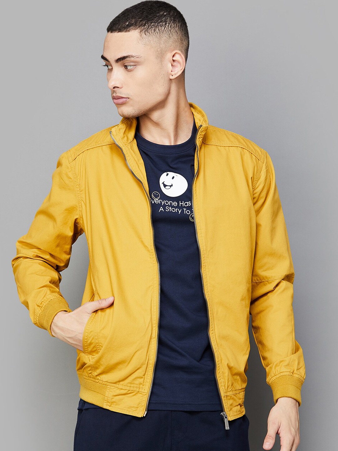 

Bossini Mock Collar Long Sleeves Zip Detail Cotton Bomber Jacket, Yellow