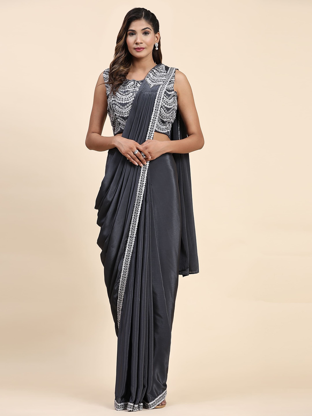 

AMOHA TRENDZ Embroidered Satin Ready to Wear Saree, Grey
