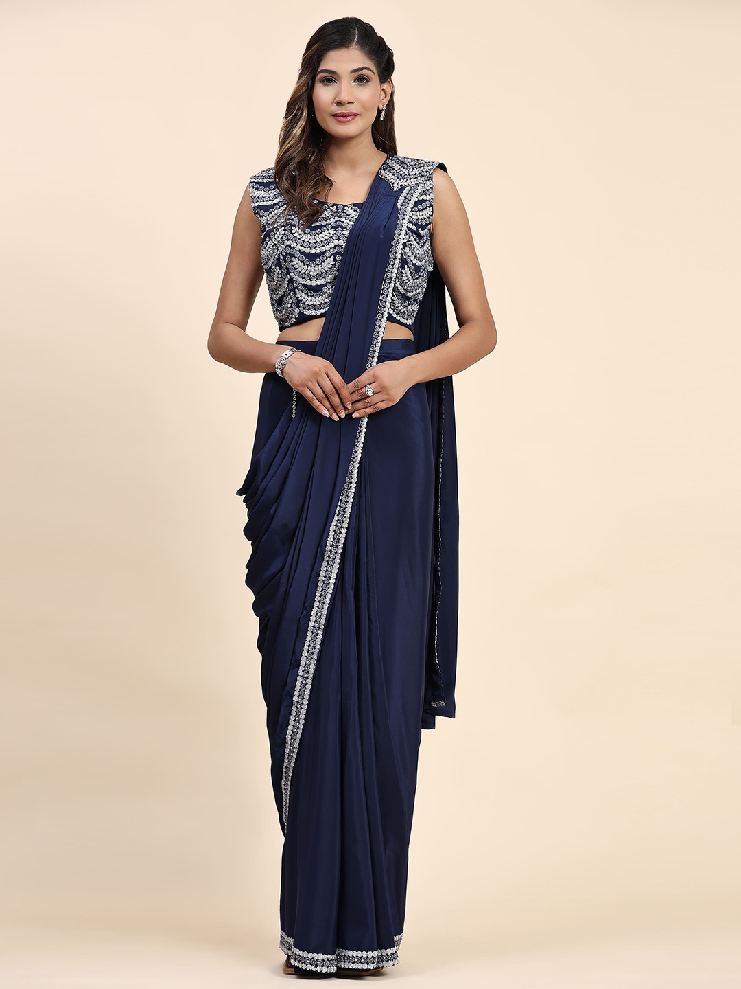 

AMOHA TRENDZ Embroidered Satin Ready to Wear Saree, Blue