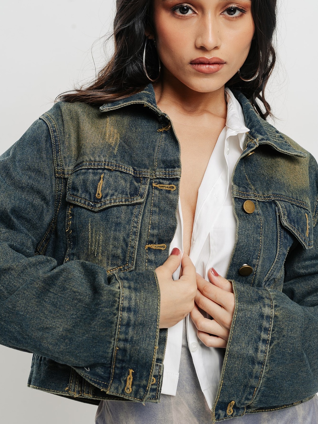 

FREAKINS Blue Pure Cotton Crop Denim Jacket