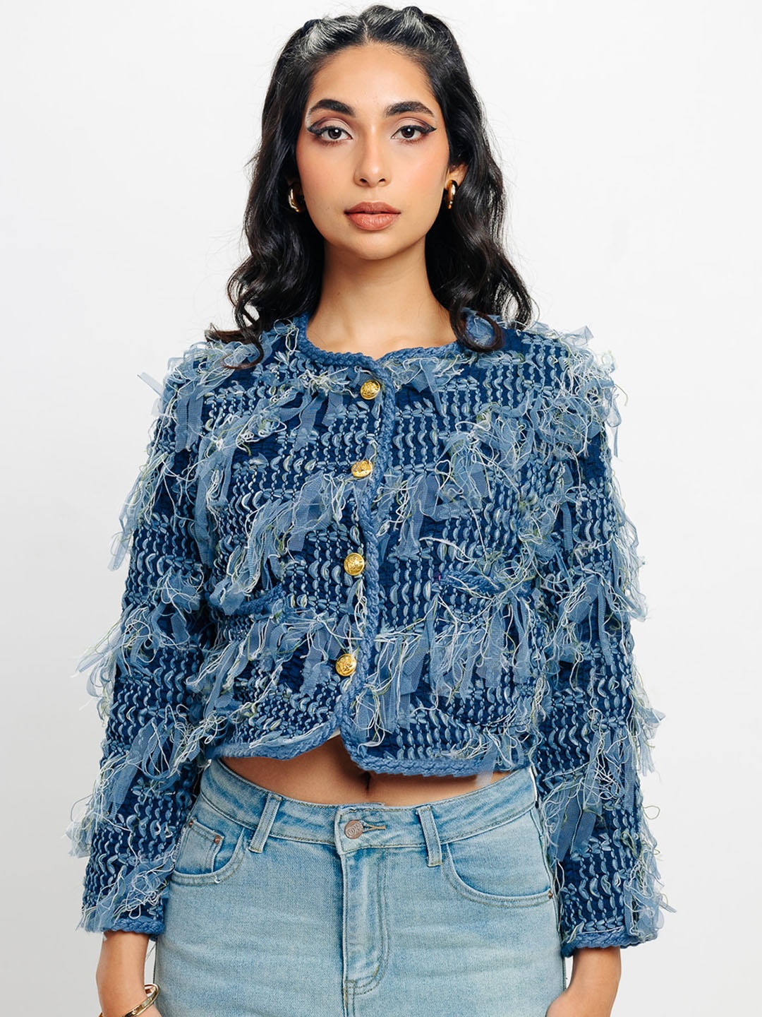 

FREAKINS Self Designed Crop Tailored Jacket, Blue