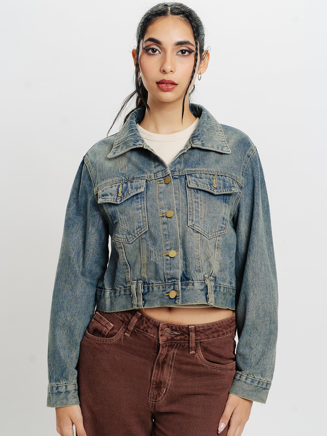 

FREAKINS Blue Pure Cotton Crop Denim Jacket