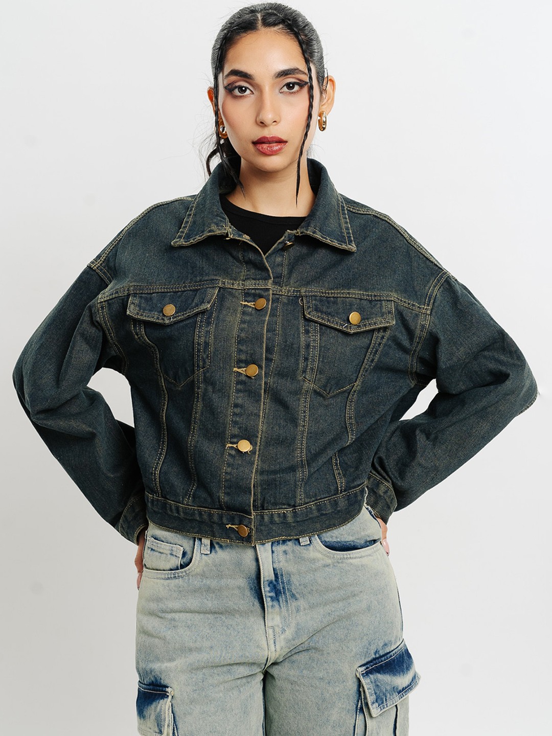 

FREAKINS Spread Collar Pure Cotton Denim Jacket, Blue