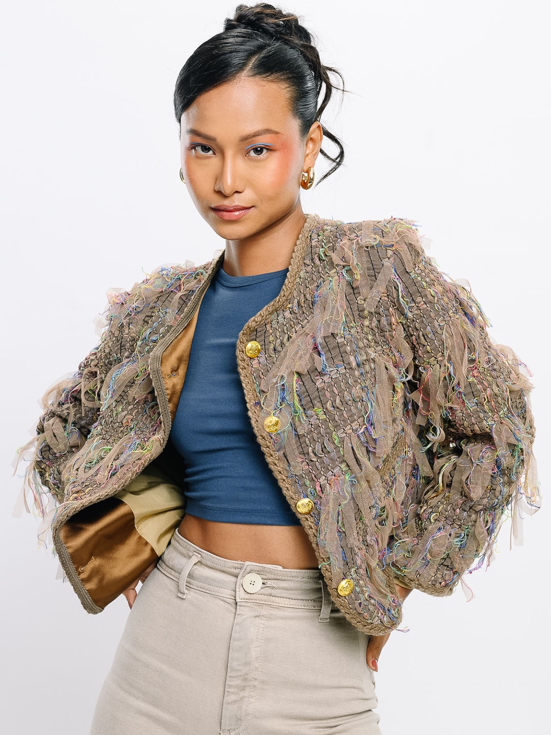 

FREAKINS Brown Striped Crop Tailored Jacket