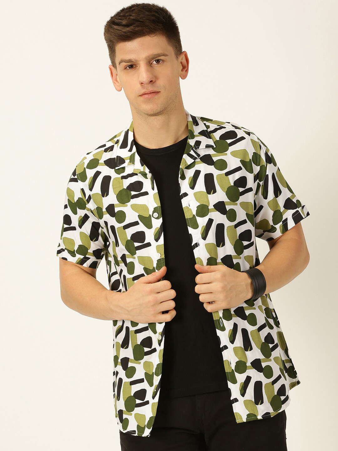 

HERE&NOW Classic Slim Fit Abstract Printed Cotton Casual Shirt, Green