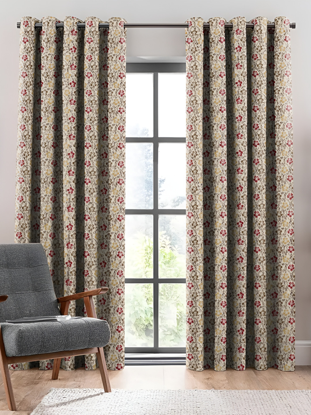 

CASABLEU Red and Beige 2 Pieces Floral Room Darkening Door Curtains