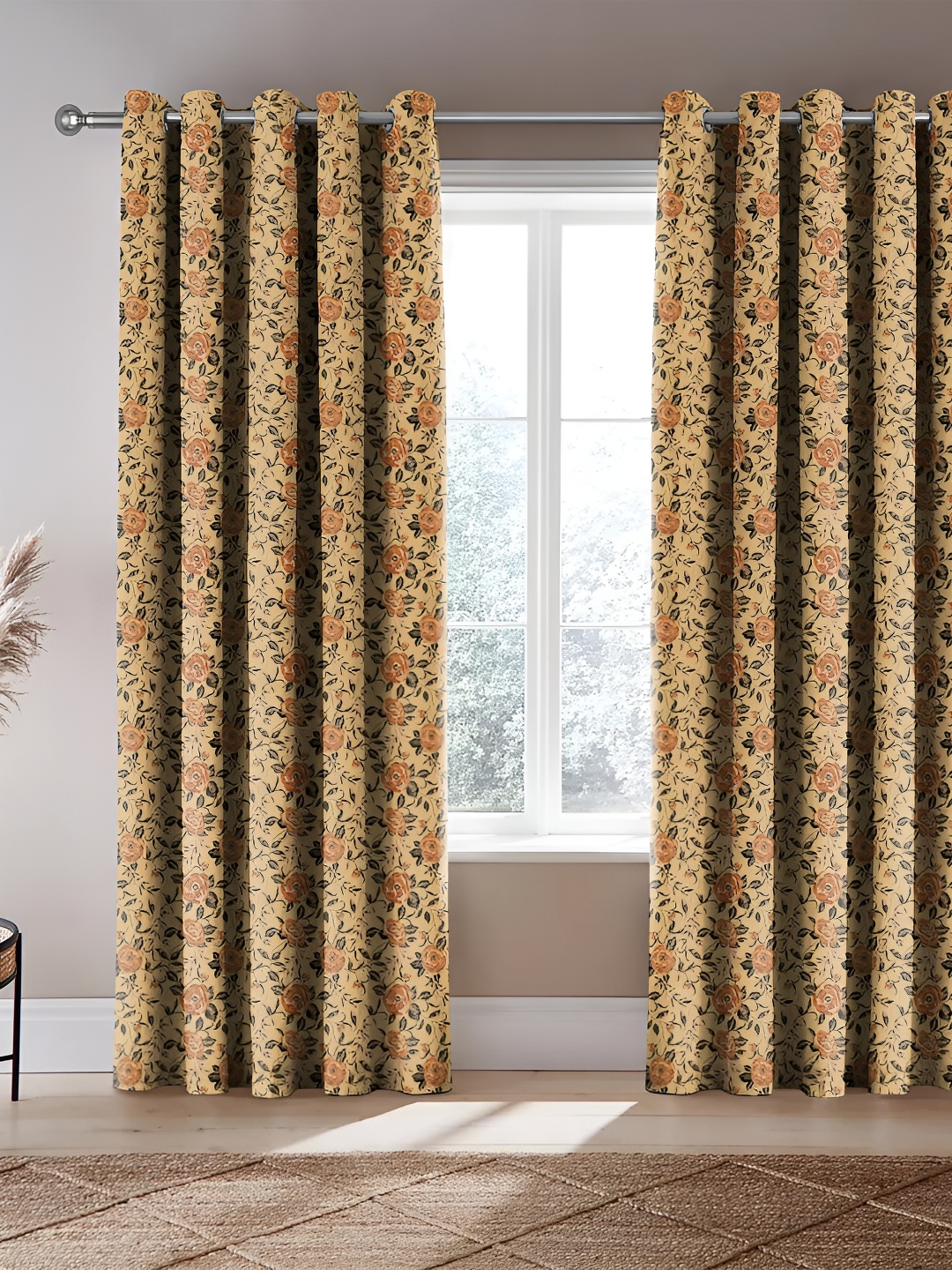 

CASABLEU Mustard Yellow and Black 2 Pieces Floral Room Darkening Door Curtains