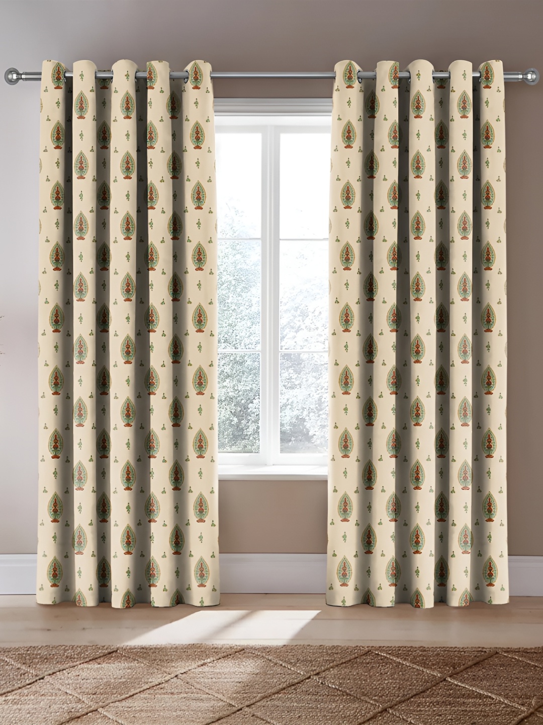 

CASABLEU Yellow and Green 2 Pieces Floral Room Darkening Long Door Curtains
