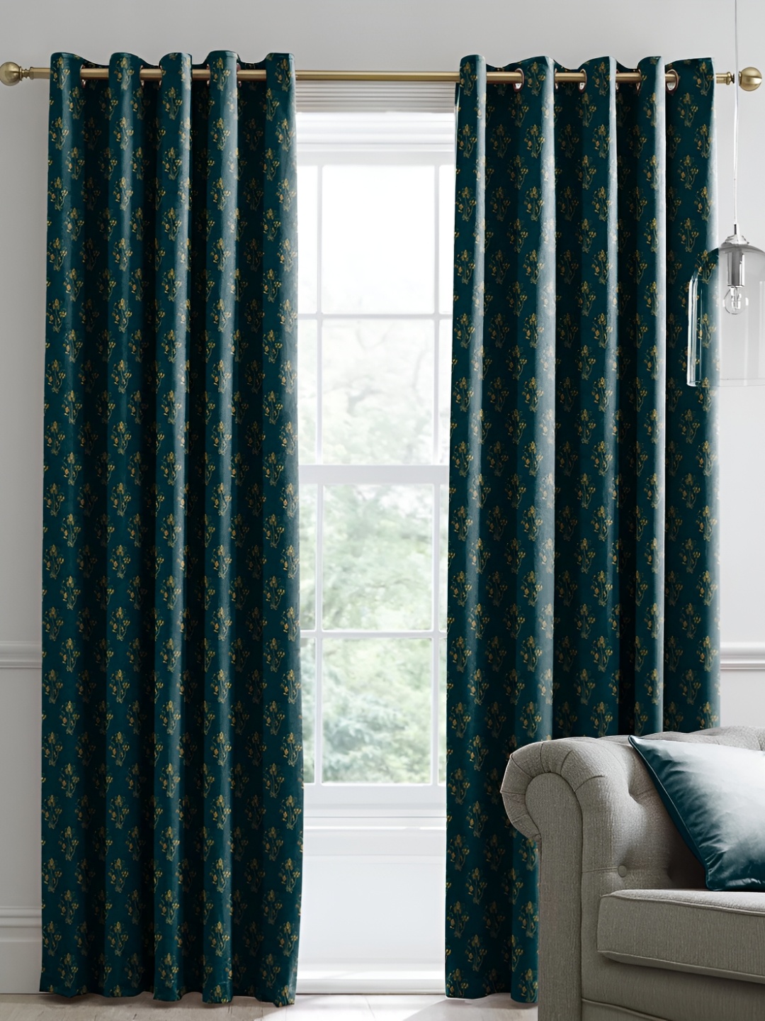 CASABLEU Teal Blue and Yellow 2 Pieces Floral Room Darkening Door Curtains