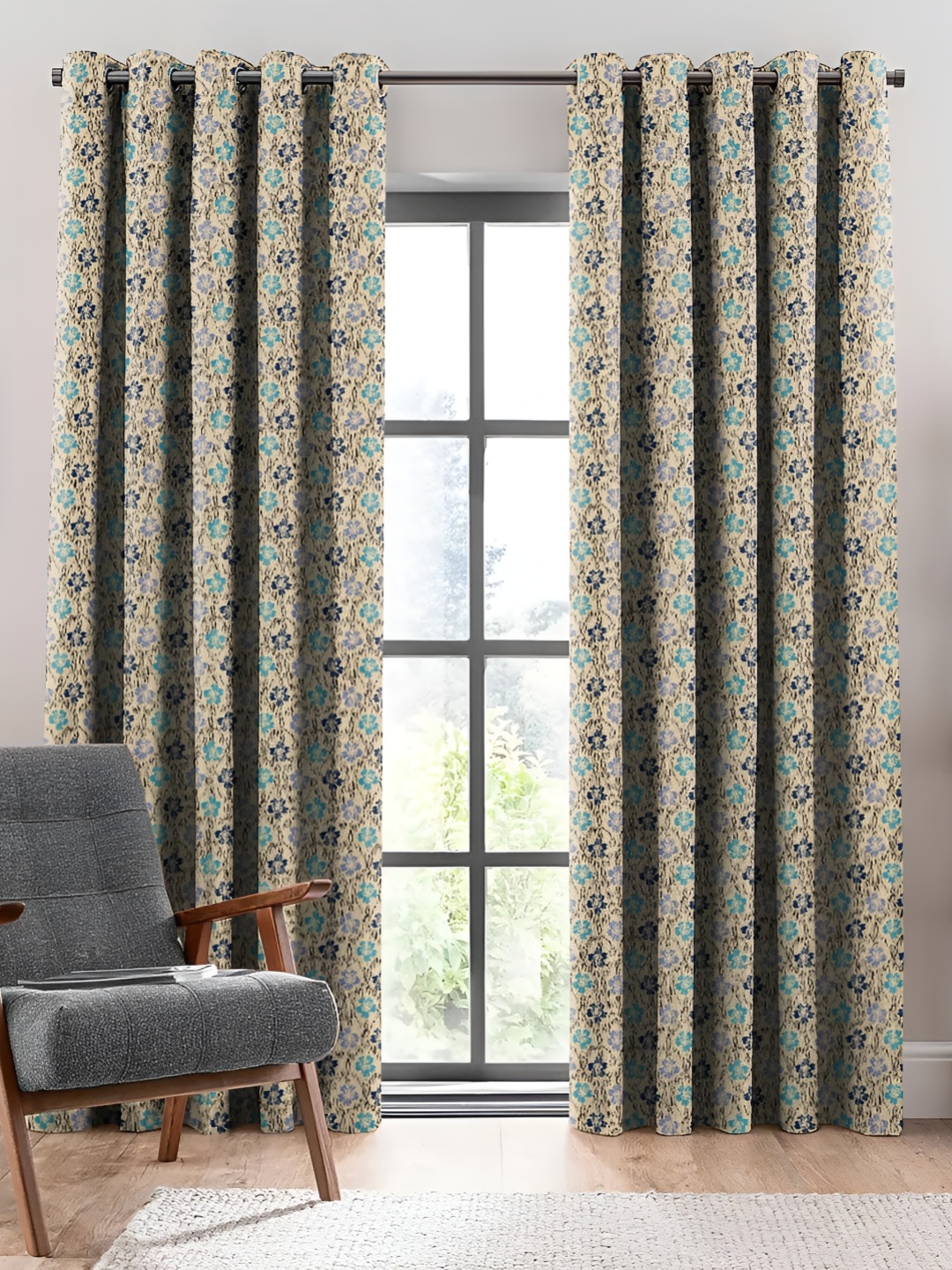 CASABLEU Blue and Beige 2 Pieces Floral Room Darkening Long Door Curtains