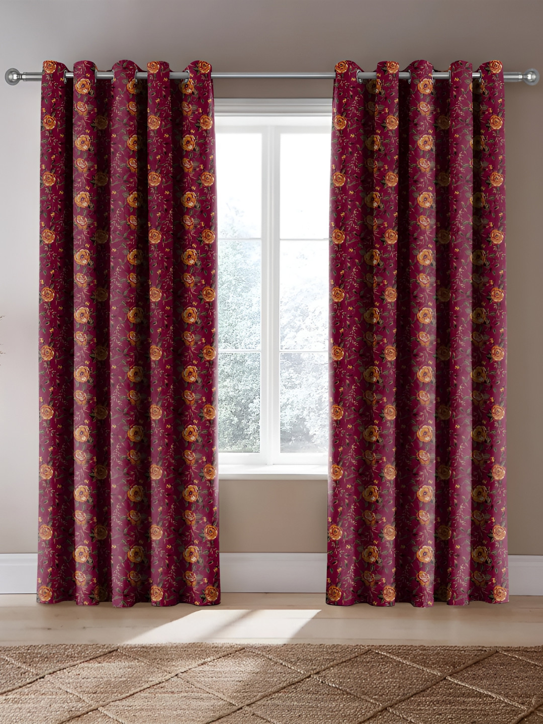 

CASABLEU Maroon & Green 2 Pieces Floral Room Darkening Door Curtains