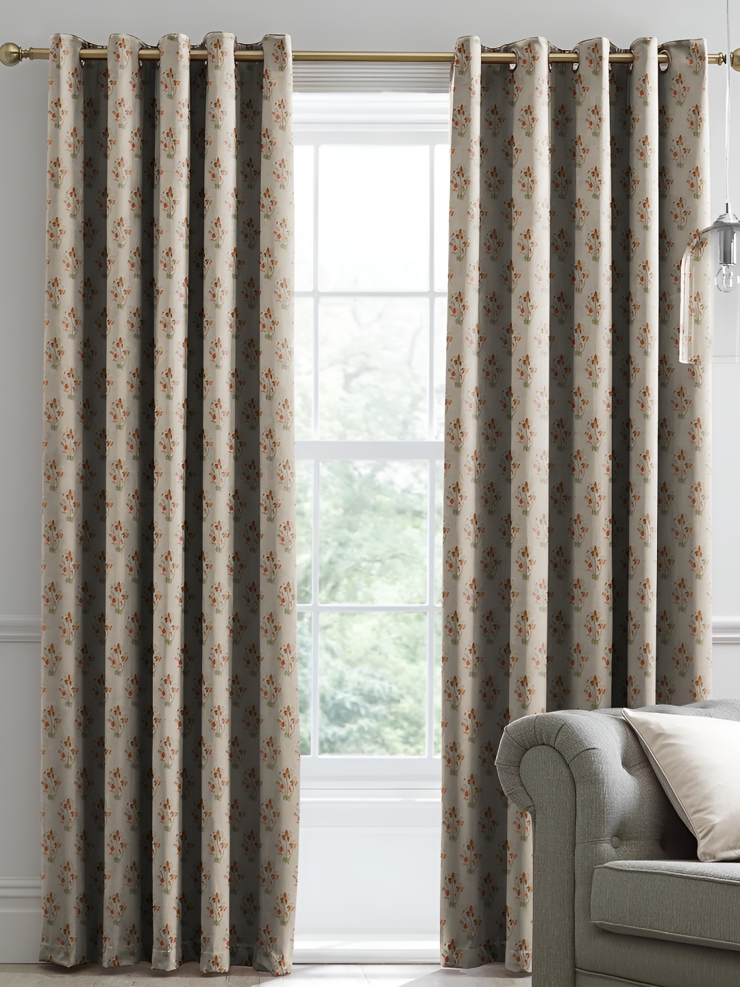 

CASABLEU Grey & Brown 2 Pieces Floral Room Darkening Door Curtain