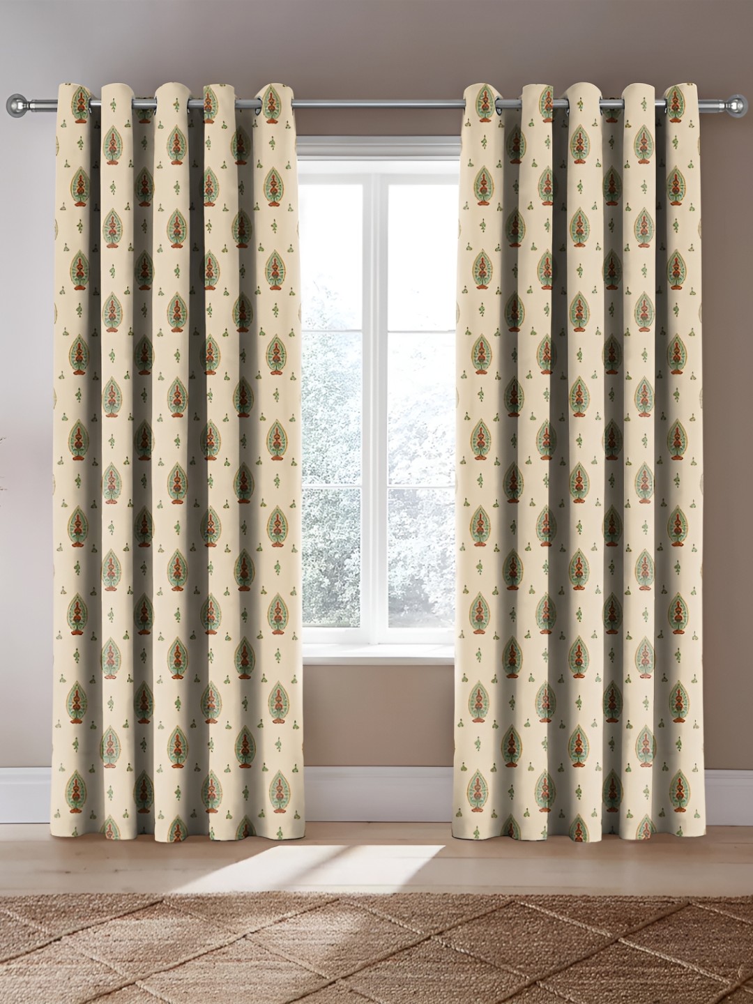 

CASABLEU Green & Beige 2 Pieces Ethnic Motifs Room Darkening Door Curtains