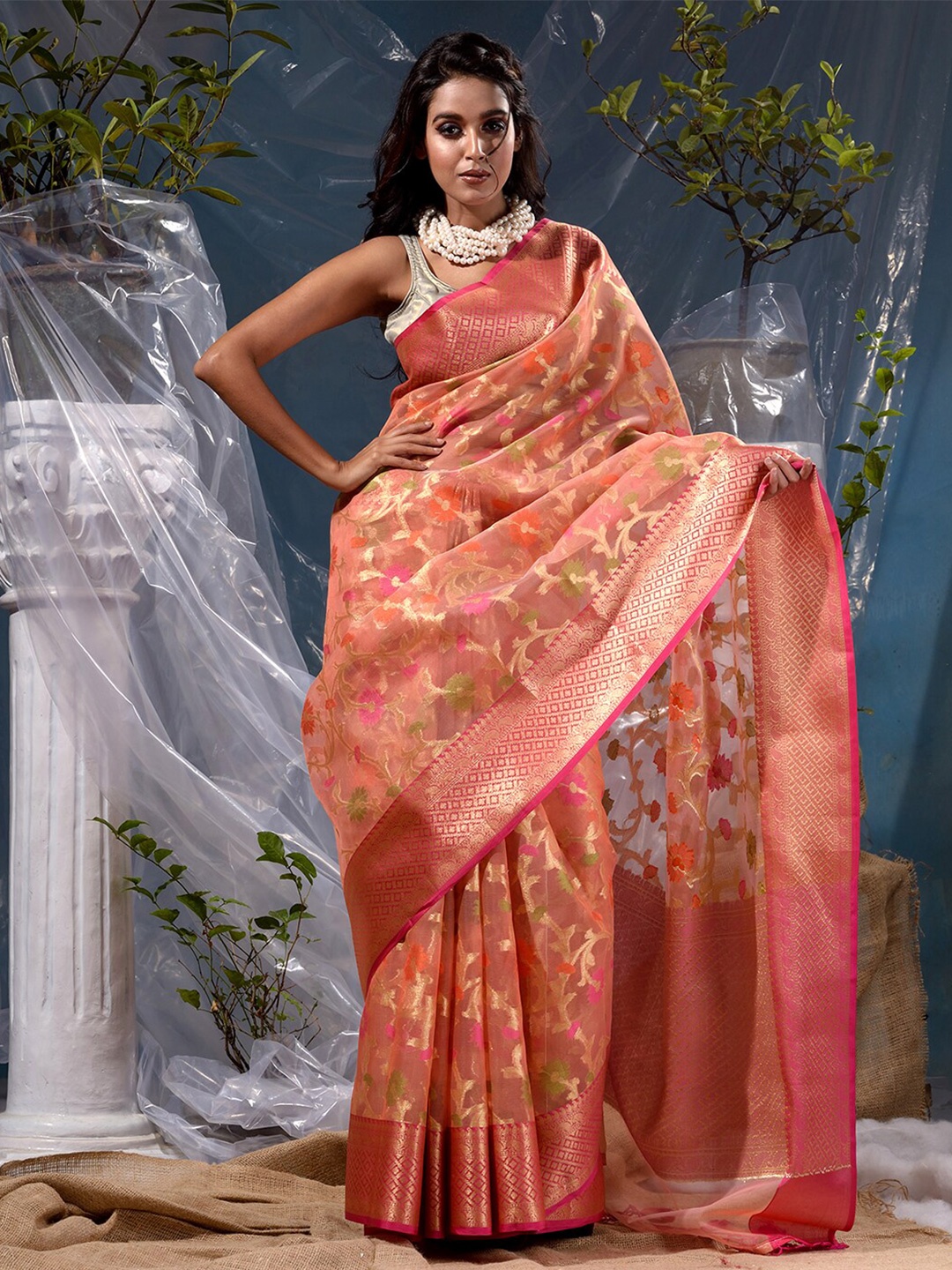 

BANARASI PATOLA Floral Woven Design Zari Banarasi Saree, Pink