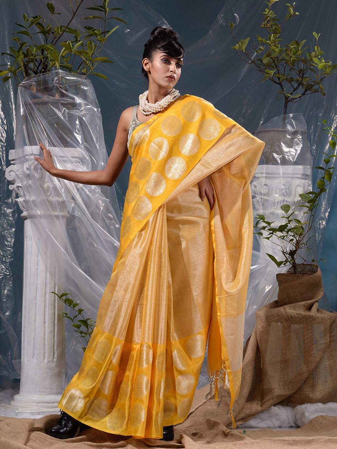 

BANARASI PATOLA Woven Design Banarasi Zari Saree, Yellow