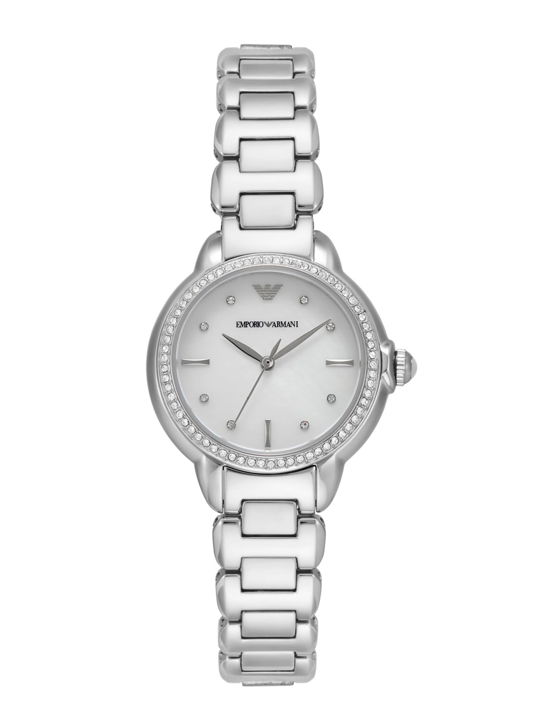 

Emporio Armani Women Embellished Bracelet Style Straps Round Analogue Watch AR11596, Silver