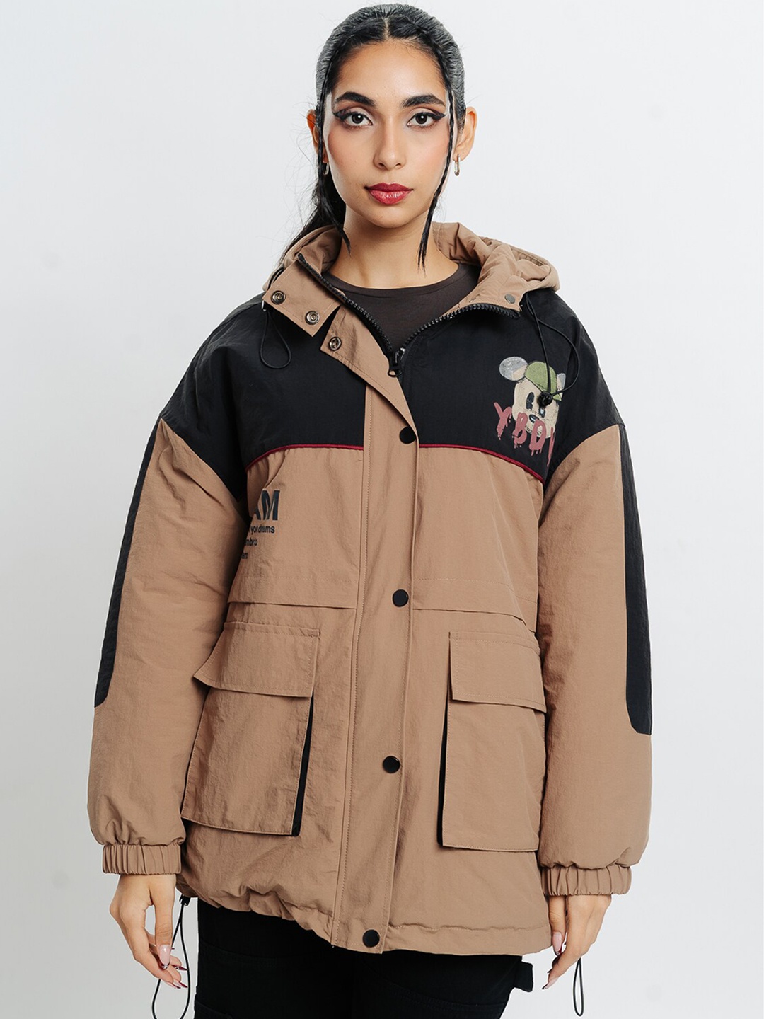 

FREAKINS Colourblocked Hooded Longline Puffer Jacket, Brown