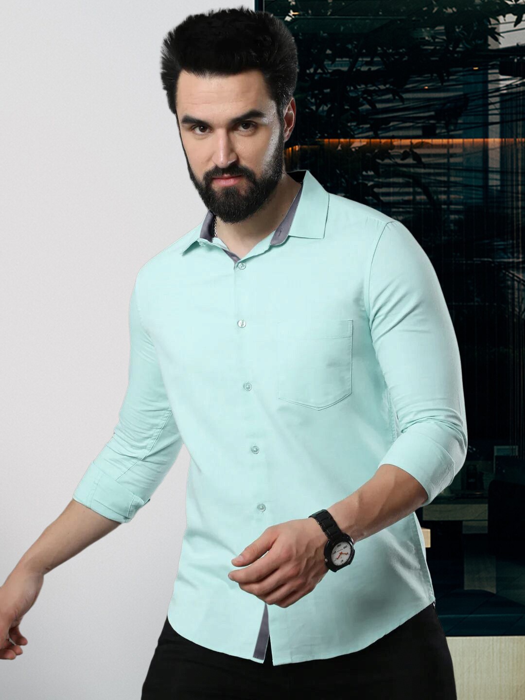 

Tee Projekt Standard Spread Collar Long Sleeves Cotton Formal Shirt, Green