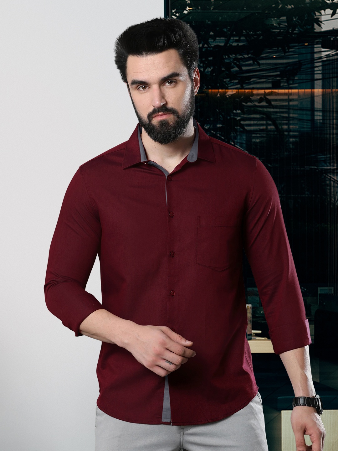 

Tee Projekt Spread Collar Cotton Shirt, Maroon
