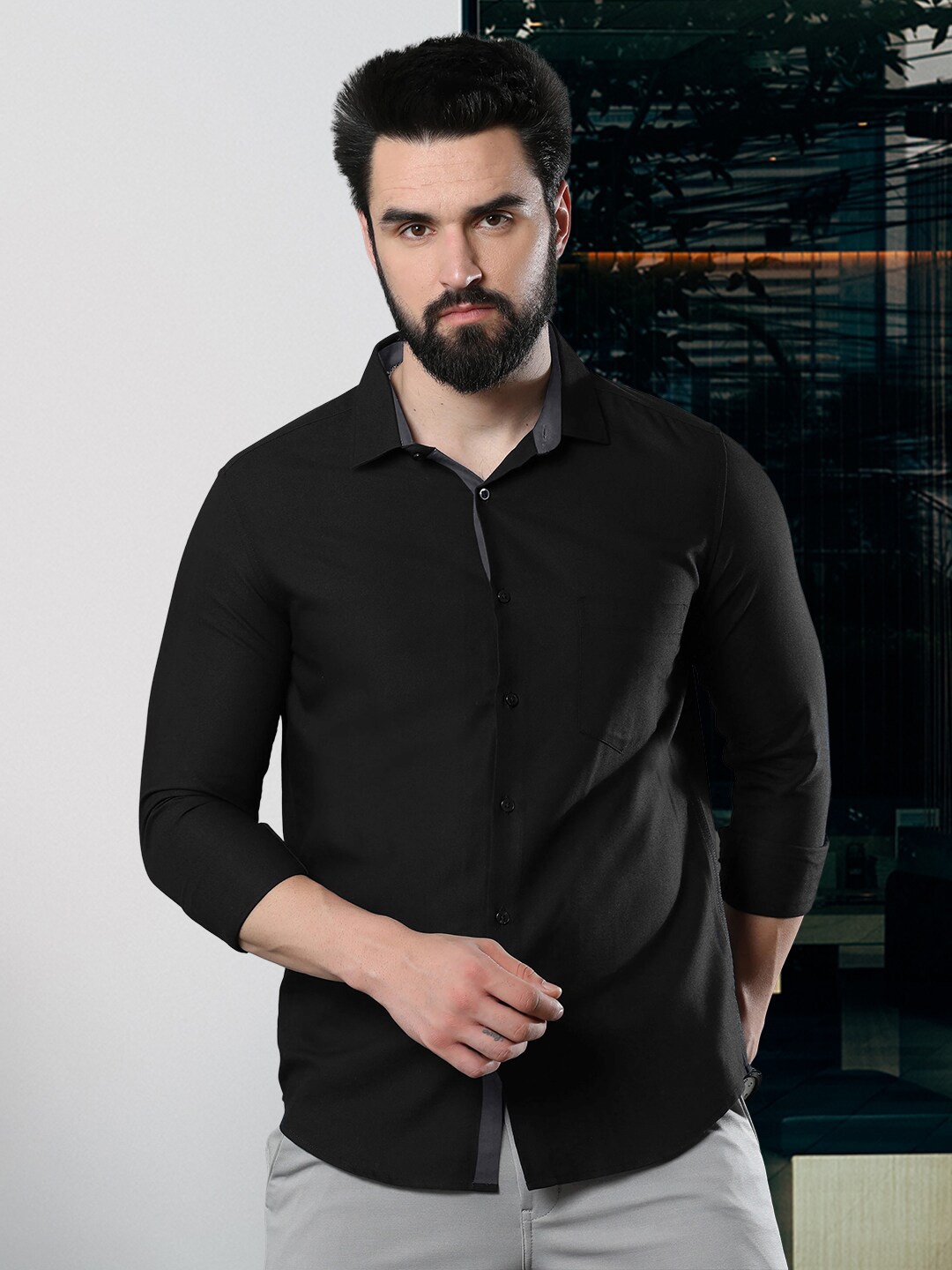 

Tee Projekt Standard Spread Collar Long Sleeves Cotton Formal Shirt, Black