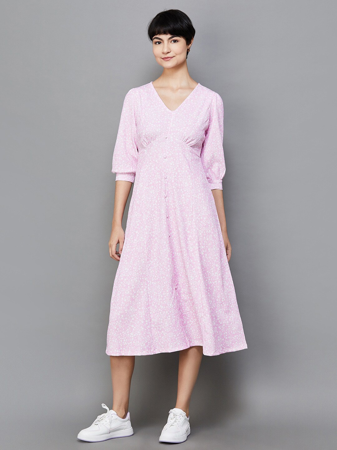

Fame Forever by Lifestyle Floral Printed V-Neck Puff Sleeve A-Line Midi Dress, Pink