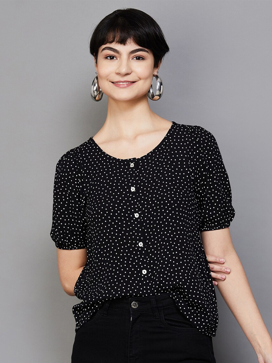 

Fame Forever by Lifestyle Polka Dot Printed Round Neck Top, Black