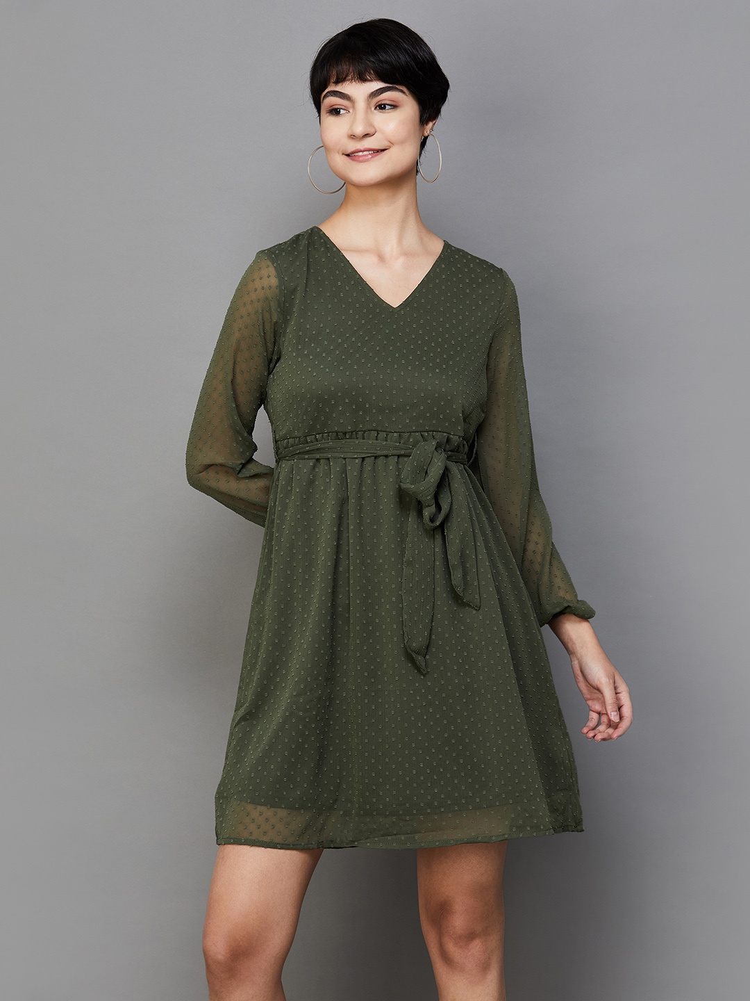 

Fame Forever by Lifestyle Self Design Puff Sleeve Tie Up Fit & Flare Dress, Olive