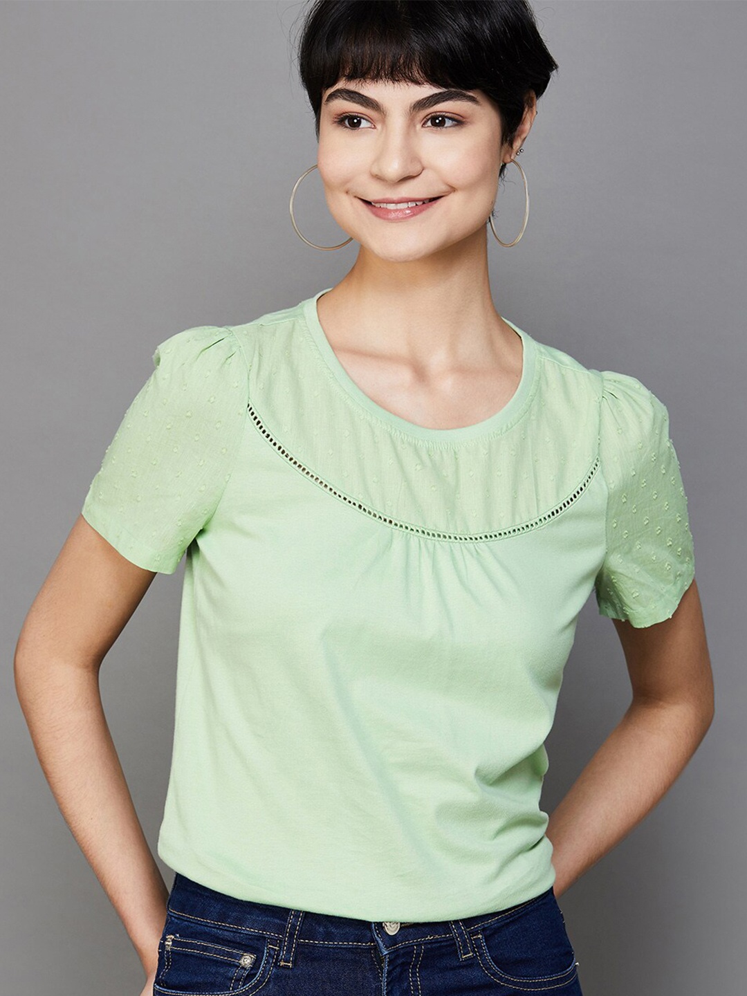 

Fame Forever by Lifestyle Round Neck Pure Cotton Top, Green