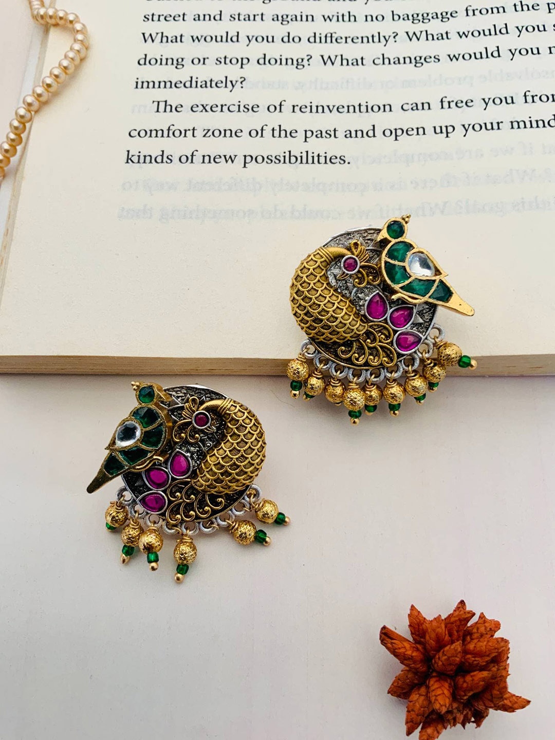 

ABDESIGNS Gold-Plated Stone-Studded & Beaded Peacock Shaped Studs Earrings