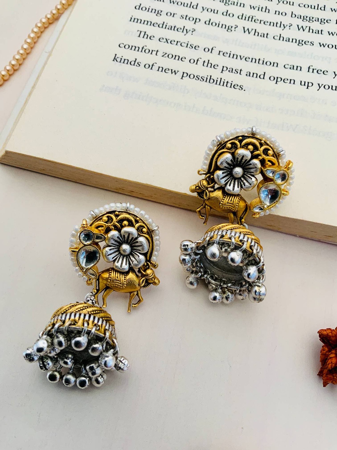 

ABDESIGNS Gold-Plated Stone-Studded & Beaded Dome Shaped Jhumkas